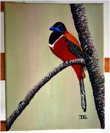 TROGON A NUQUE ROUGE, toile acrylique 24X19. Prix : 50 €