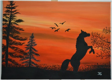 CHEVAL LORS D'UN COUCHER DE SOLEIL, toile acrylique 46 X 33. Prix : 100 €